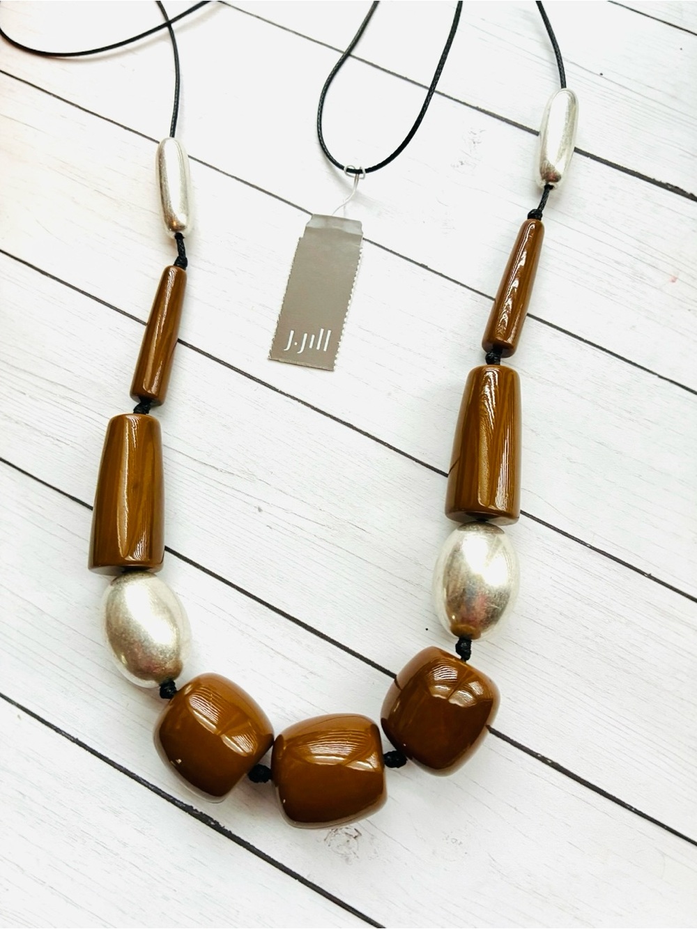 NEW NWT J. Jill Brown Silver Bead Adjustable Cord Necklace $34 Retail Tag